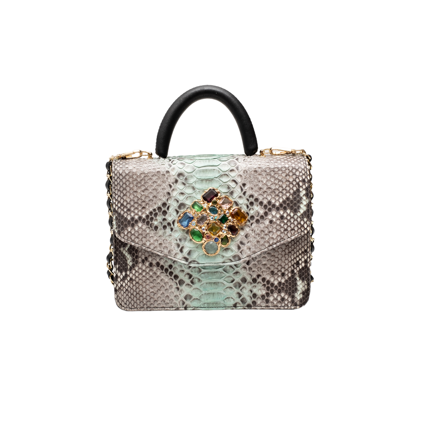 Gemma borsa pelle vera cristalli pitone lusso pietre preziose