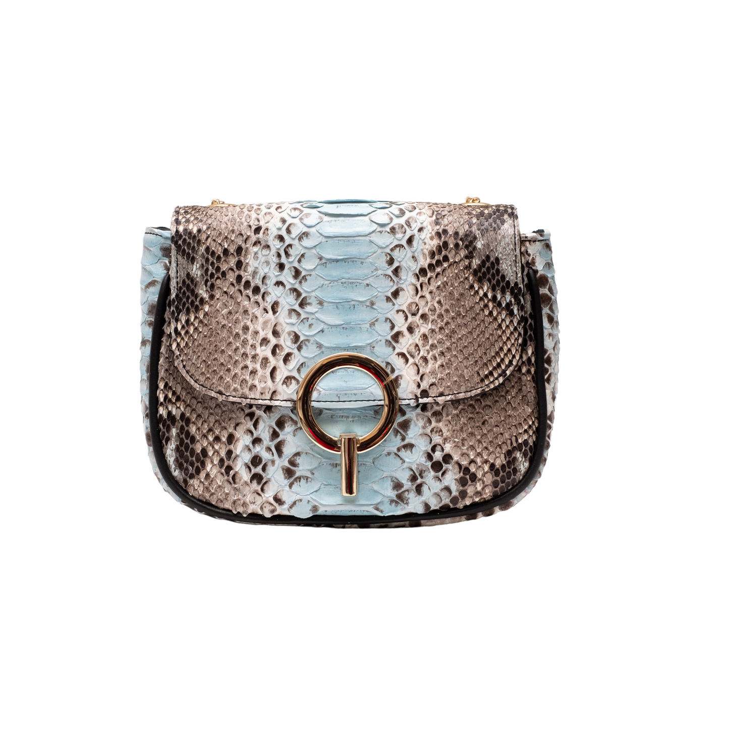 Borsa in pitone celeste accessori oro catena vera pelle